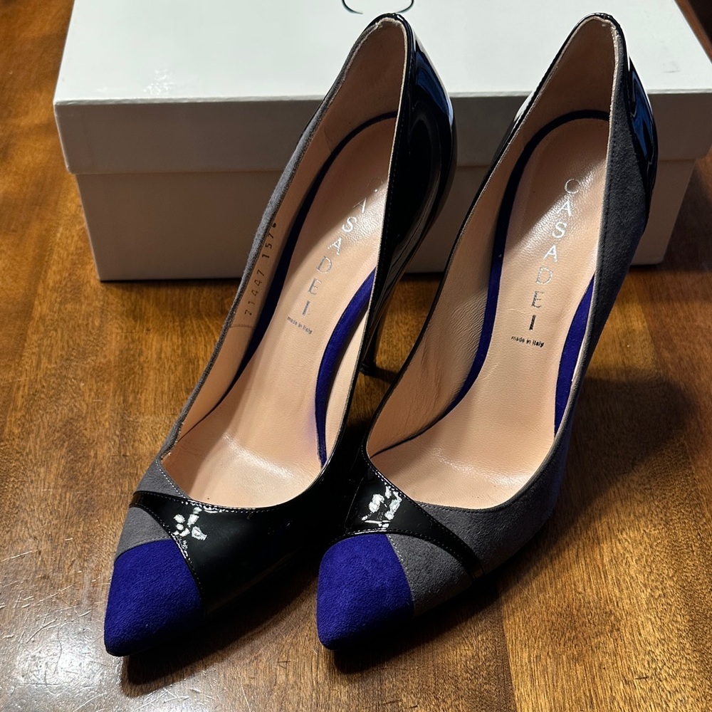 CASADEI Black Patent, Purple & Grey Suede Heels sz 9